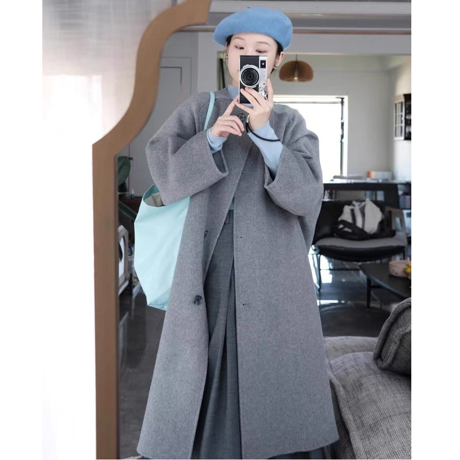 Womens Stylish Mid-length Gray Wool Coat
