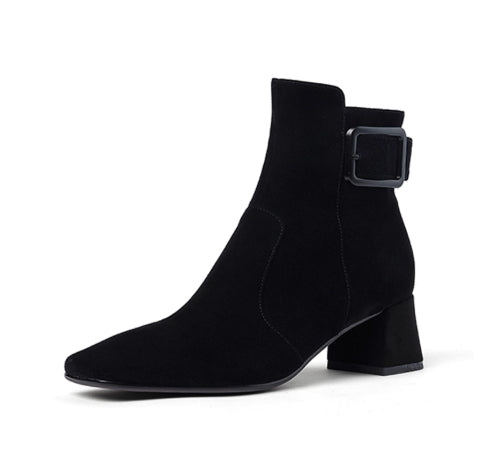 Retro-style Leather Belt Buckle Versatile Square-toe Chunky-heel Ankle Boots