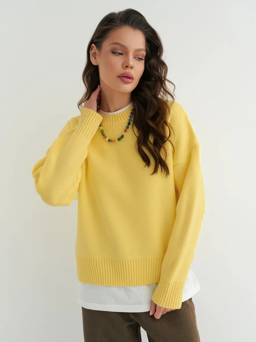 Relaxed Laid-back Short Knit Long-sleeve Crewneck Pullover
