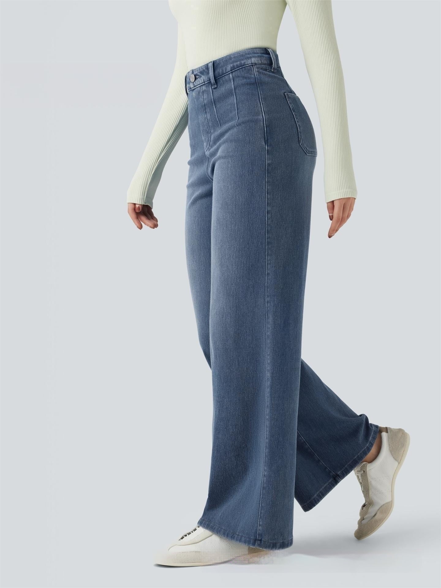 Mid-rise Tummy-control Wide-leg Casual Denim Jeans