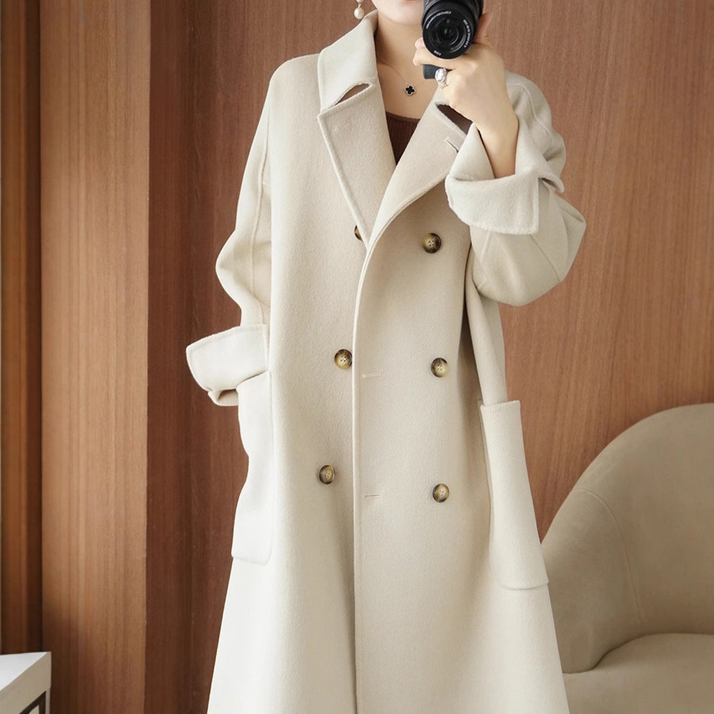 Long Below-the-Knee Double-Breasted Wool Coat In Korean Style
