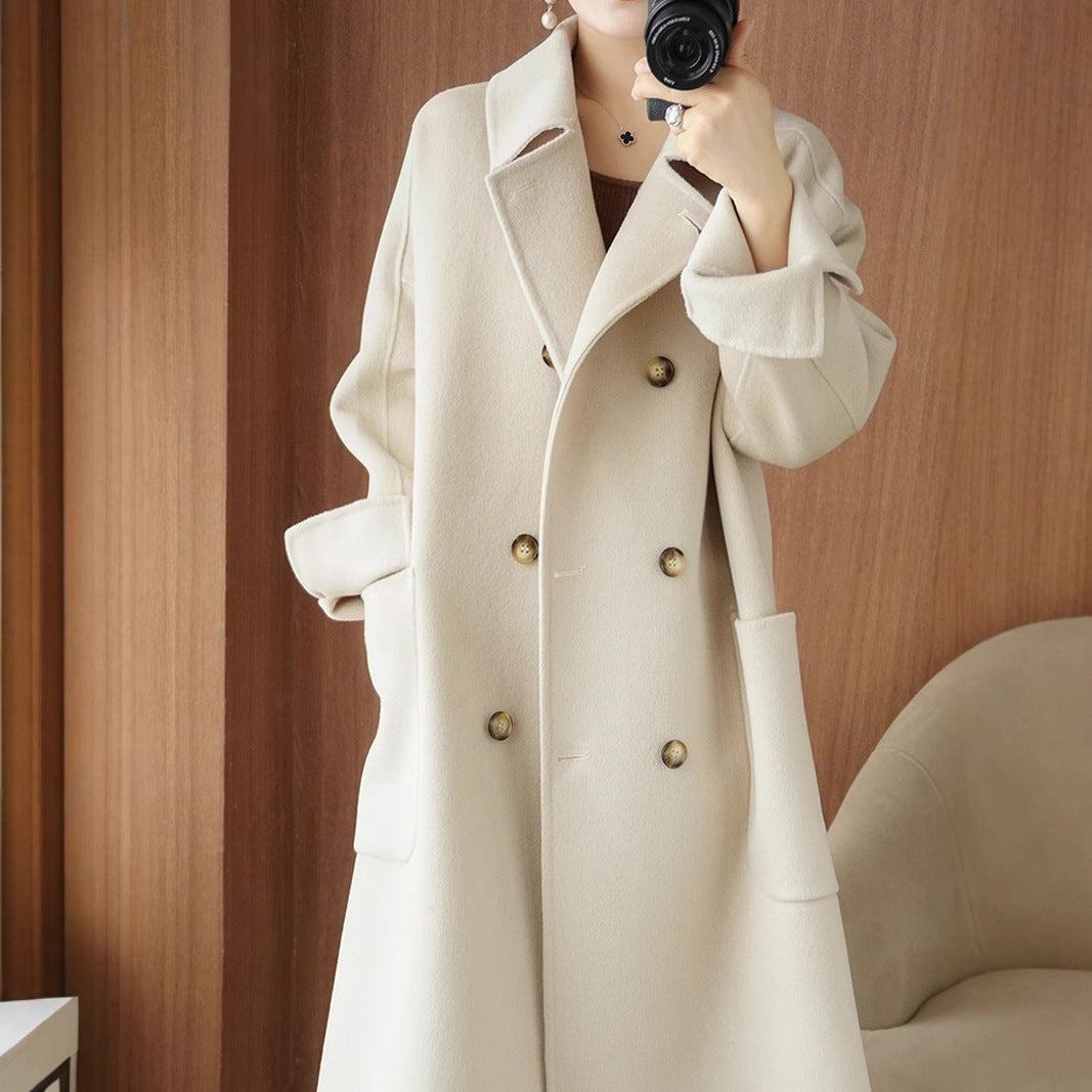 Long Below-the-Knee Double-Breasted Wool Coat In Korean Style