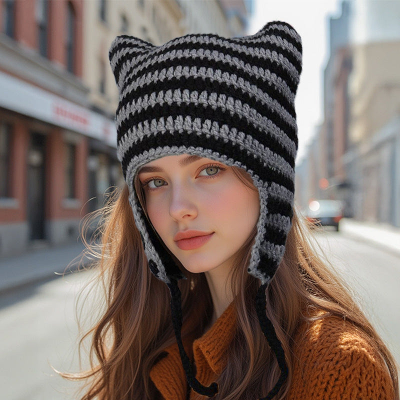 Hand-knitted Striped Cat Hat