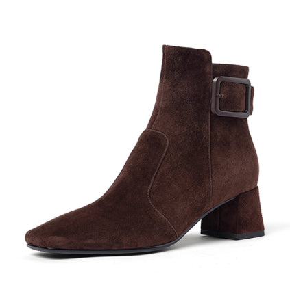 Retro-style Leather Belt Buckle Versatile Square-toe Chunky-heel Ankle Boots