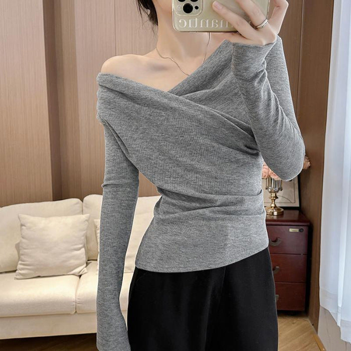Fleece-lined Extra-thick Winter Sheer-look Long-sleeve Asymmetrical Off-shoulder T-shirt