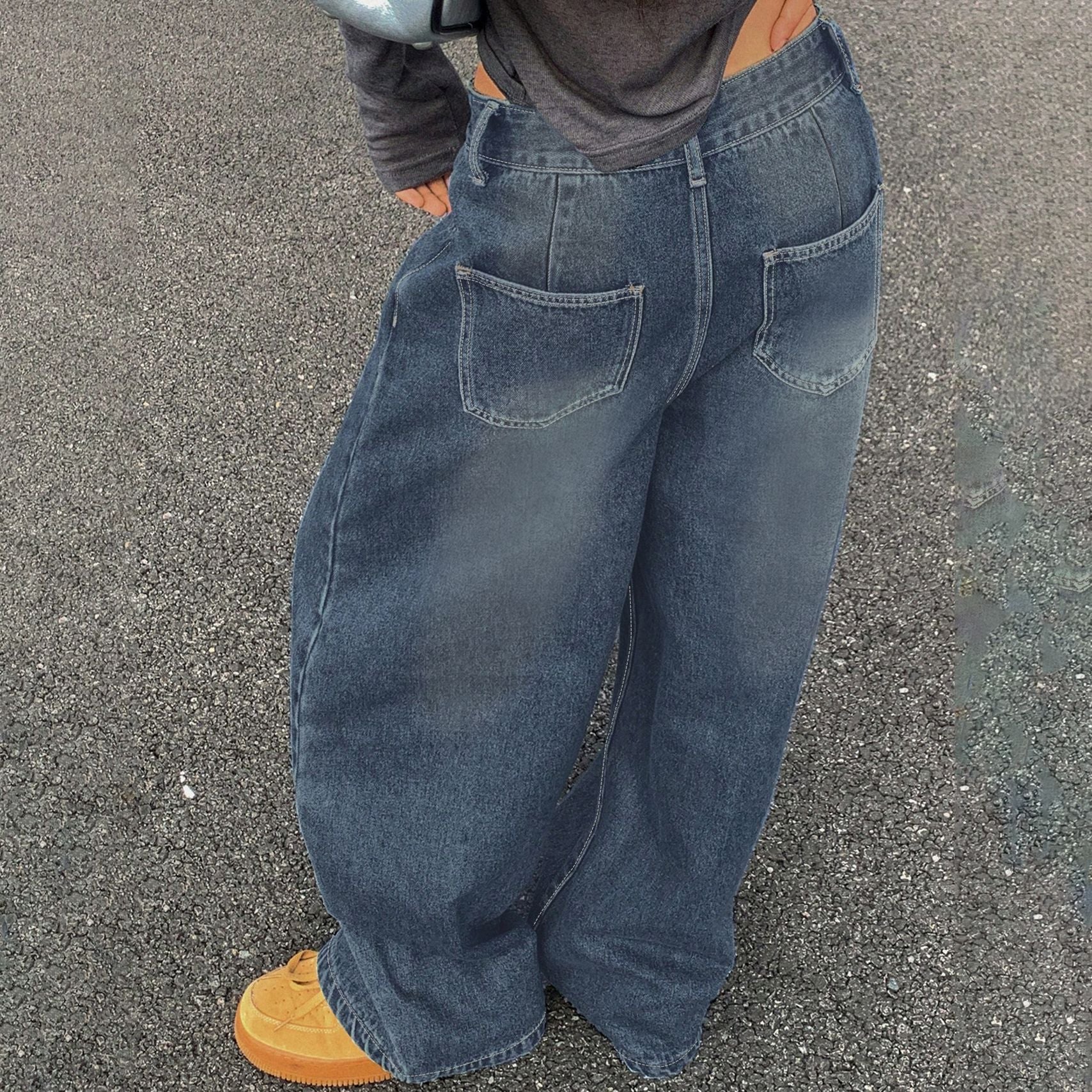 European And American-style Washed Blue Wide-leg