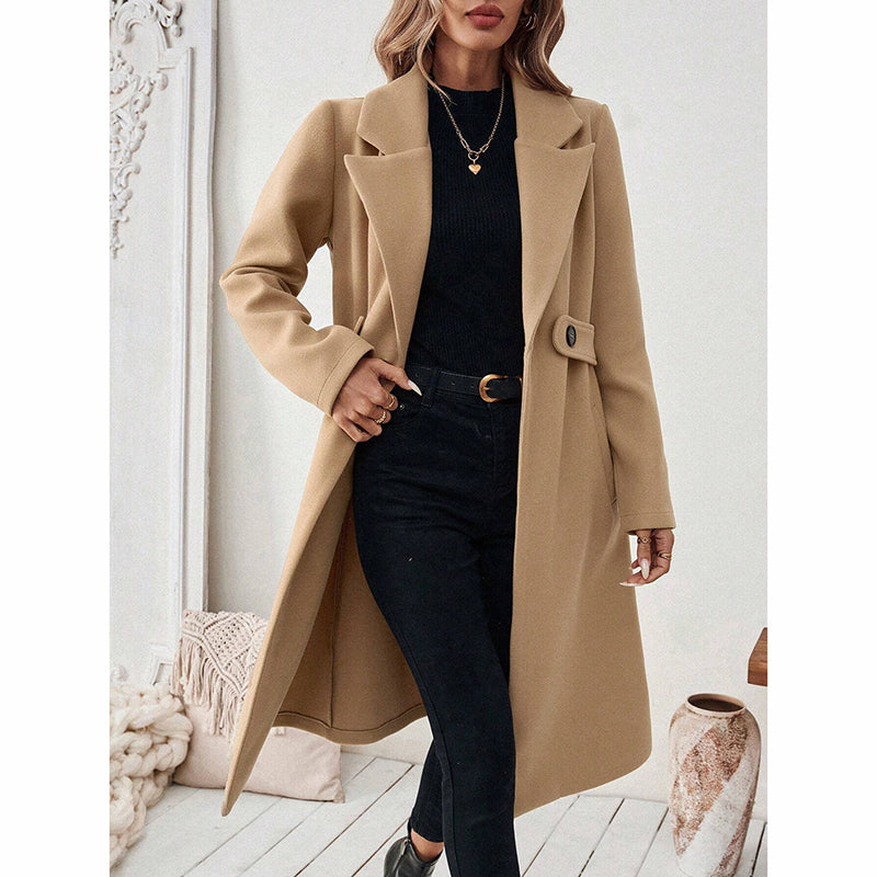 Women's Notch Lapel Trench Coat, Single Breasted Mid-Long Casual Formal Outerwear For Fall Winter