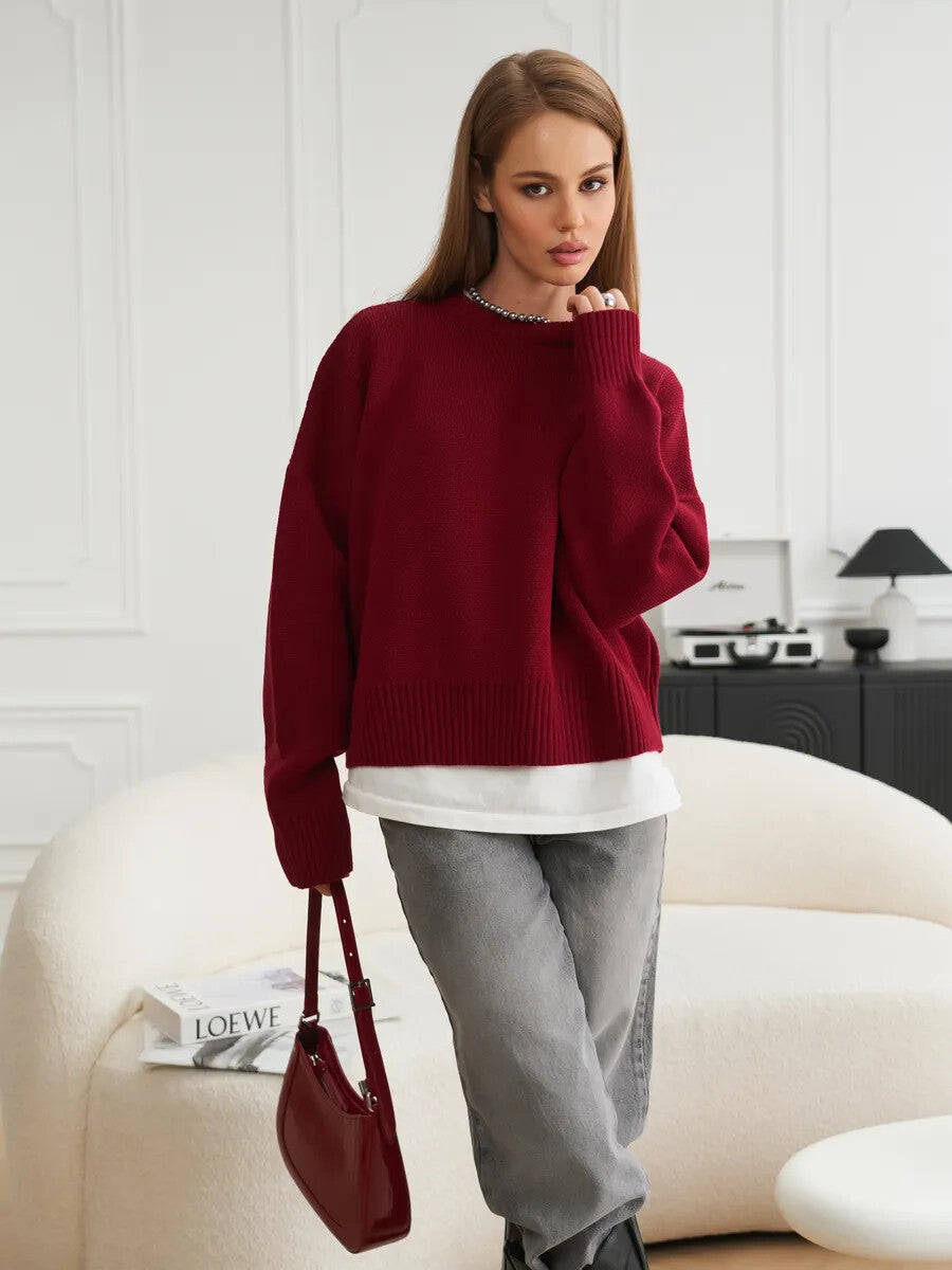 Relaxed Laid-back Short Knit Long-sleeve Crewneck Pullover