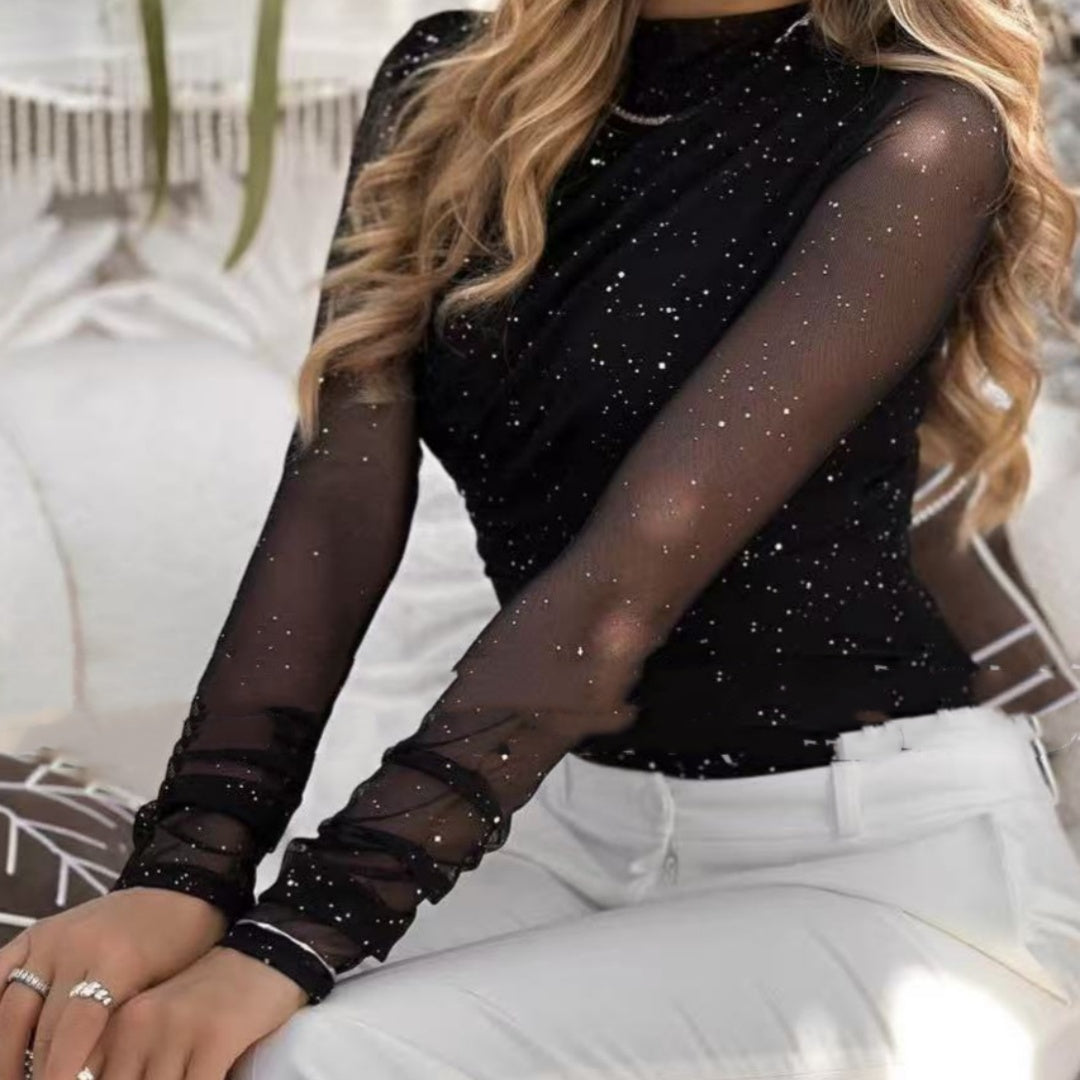 Womens Casual Slim-Fit Top With Mesh Sleeves And A Crew Neck