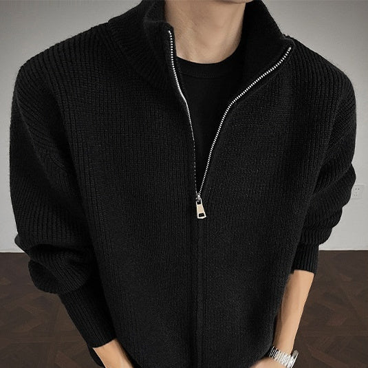 Men's Solid-Color Slim-Fit Turtleneck Sweater Jacket With Zipper