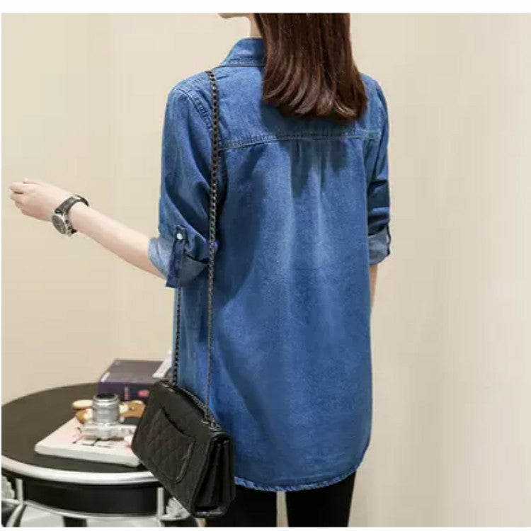 Mid-length Slimming Denim Shirt For Women