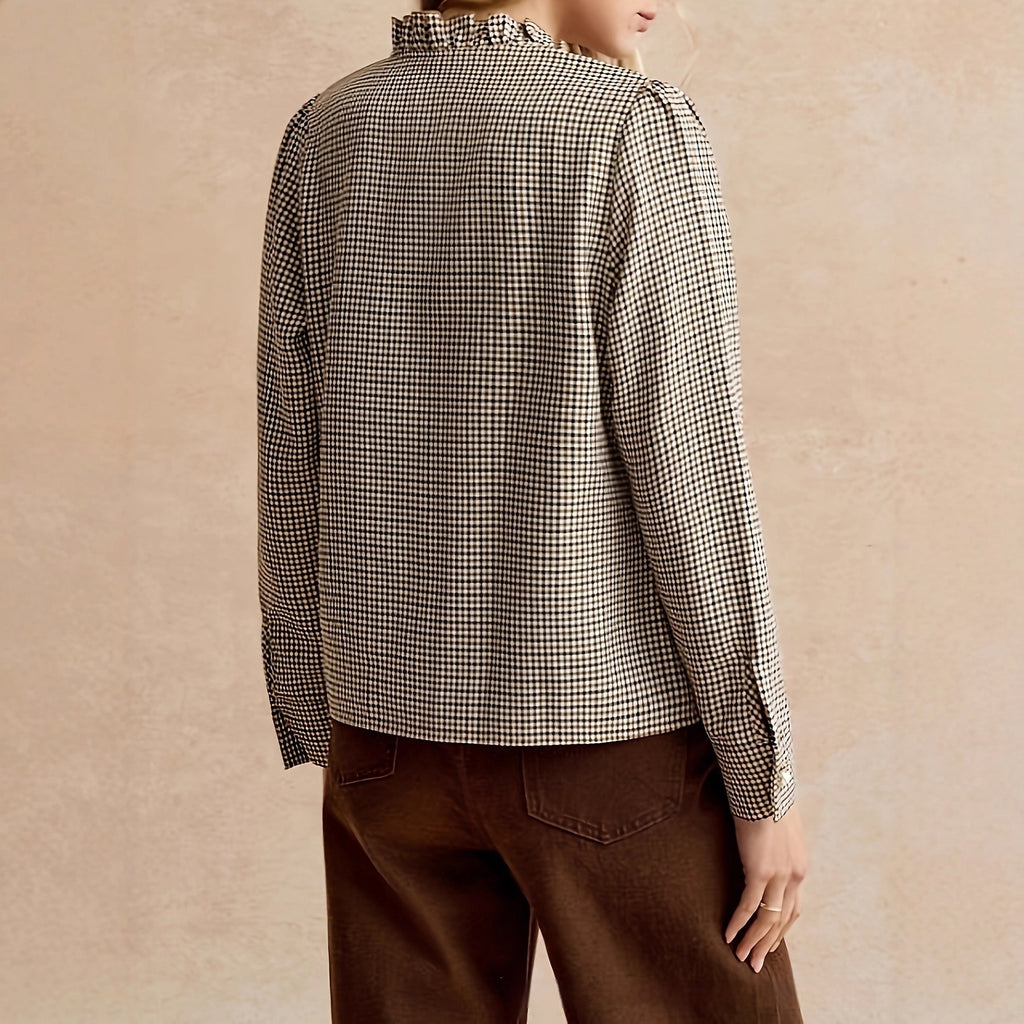 Houndstooth Ruffled Small Stand-up Collar Side-button-front Shirt