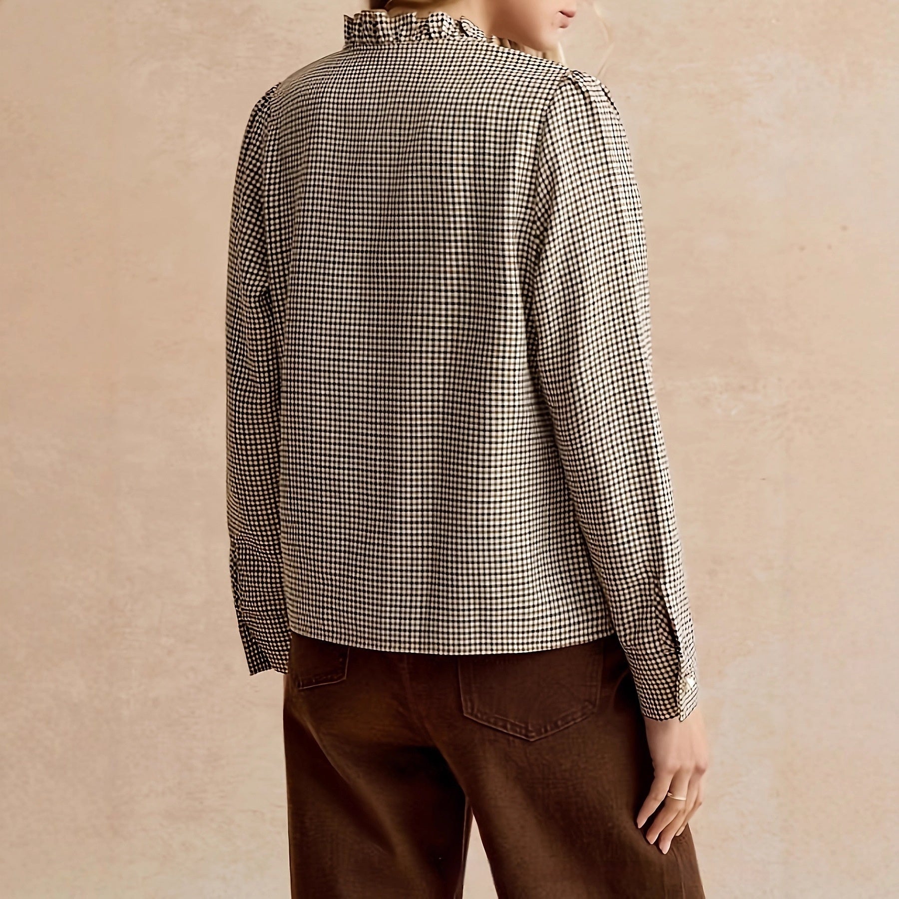 Houndstooth Ruffled Small Stand-up Collar Side-button-front Shirt