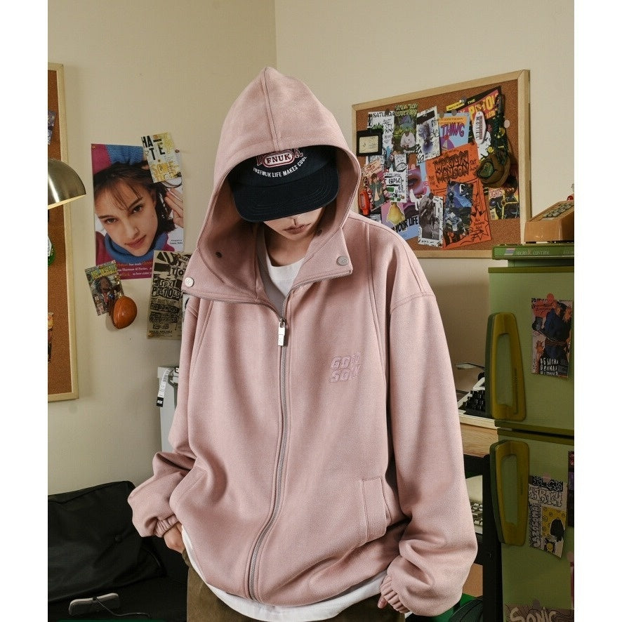 Men's Thick Loose Pu Shuai Embroidered Zipper Hooded Jacket