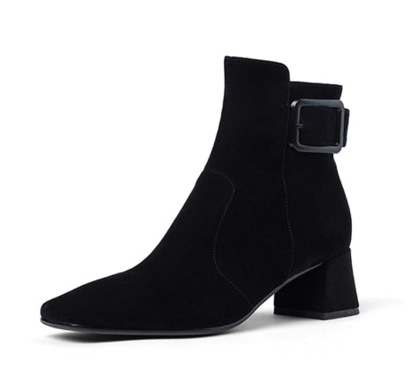 Retro-style Leather Belt Buckle Versatile Square-toe Chunky-heel Ankle Boots