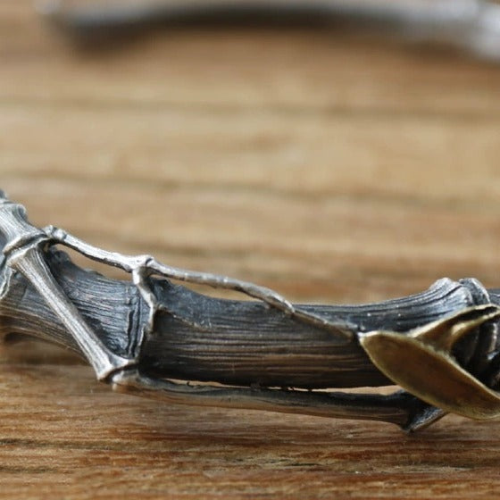 Shique Jewelry Handmade Men's Vintage Silver Aged Brass Inlaid Bamboo Joint Open Bracelet