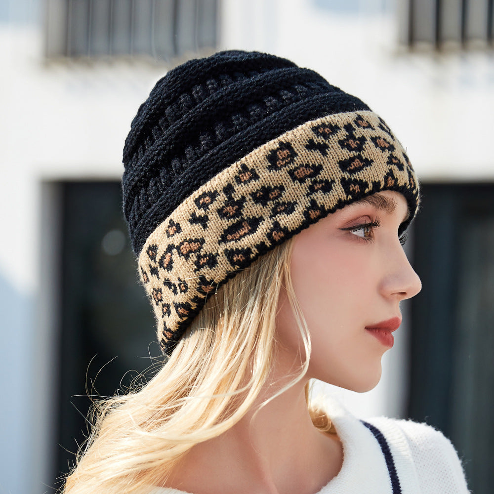Womens Warm Leopard-Print Knitted Hat