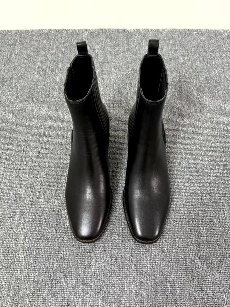 Mid-heel Chunky-heel Retro Square-toe Matte Leather Womens Boots