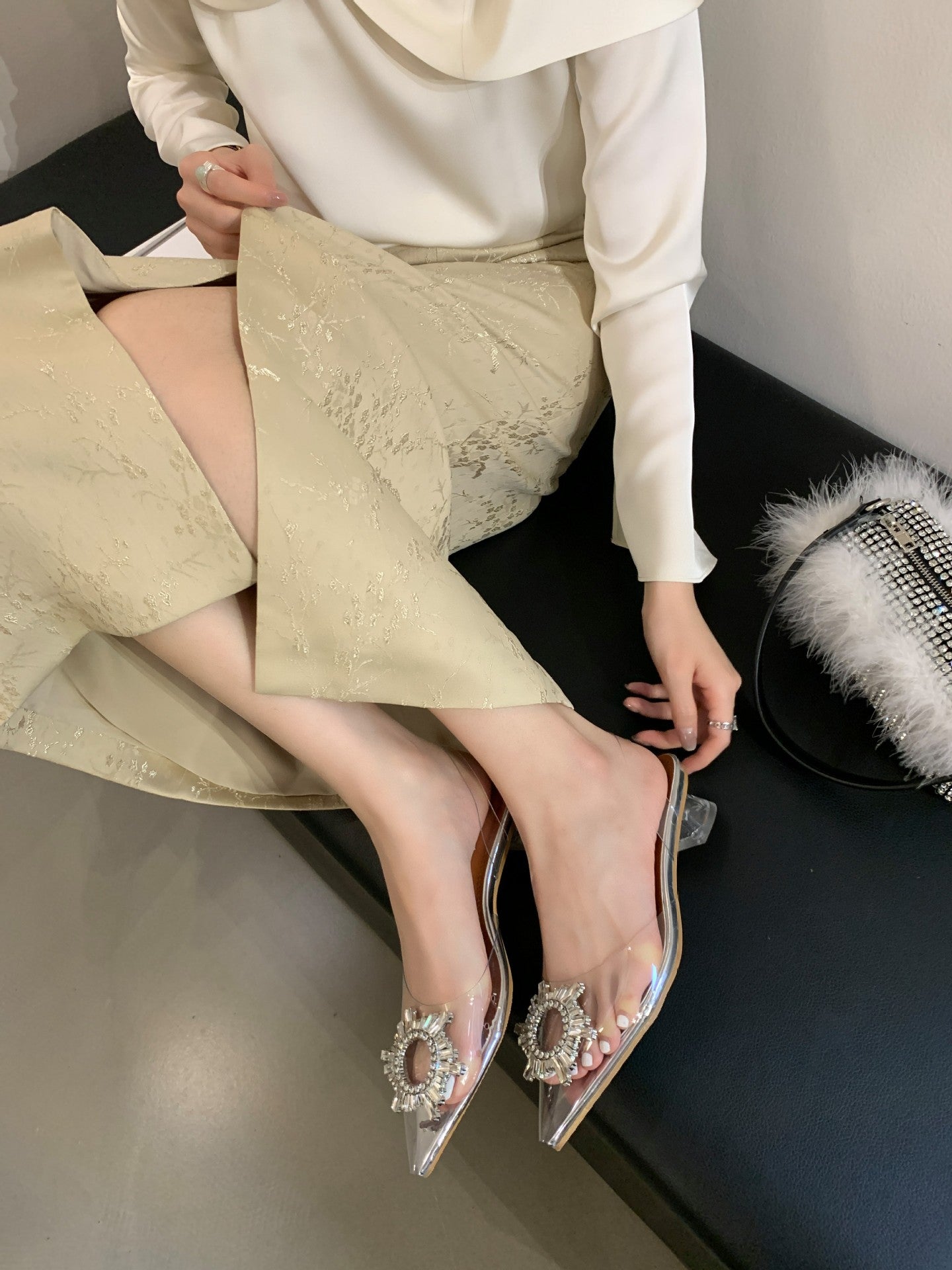 Thick Heel Pointed Sexy Rhinestone High Heels Single Shoes