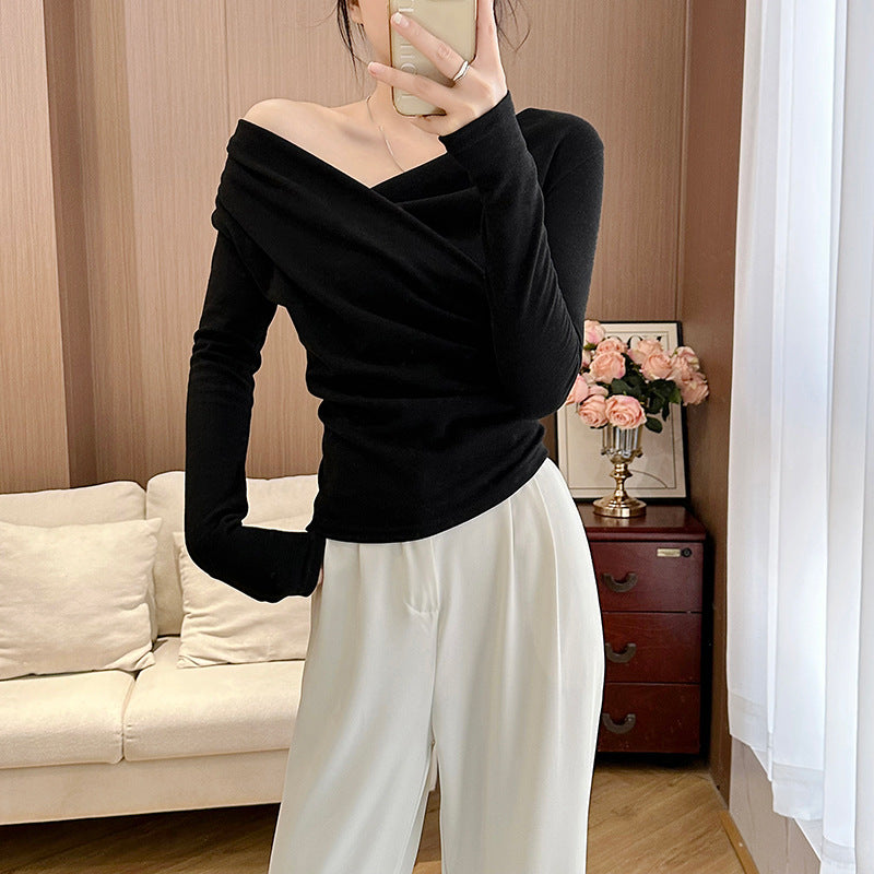 Fleece-lined Extra-thick Winter Sheer-look Long-sleeve Asymmetrical Off-shoulder T-shirt