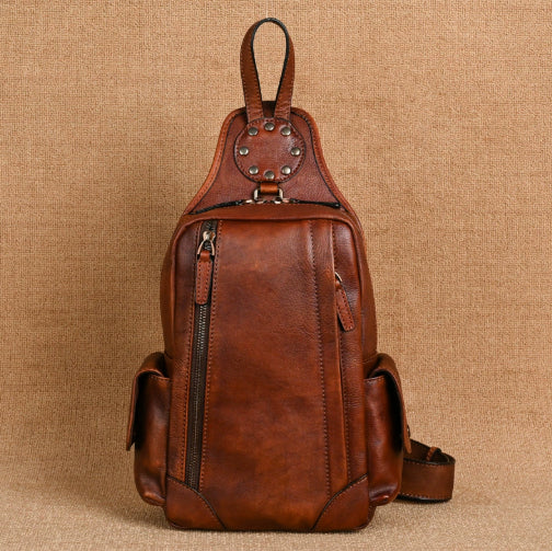 Vintage Men's Chest Crossbody Bag Genuine Leather Man Bag