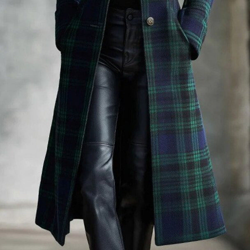 Womens Single-Breasted Plaid Long-Sleeve Long Cardigan Coat