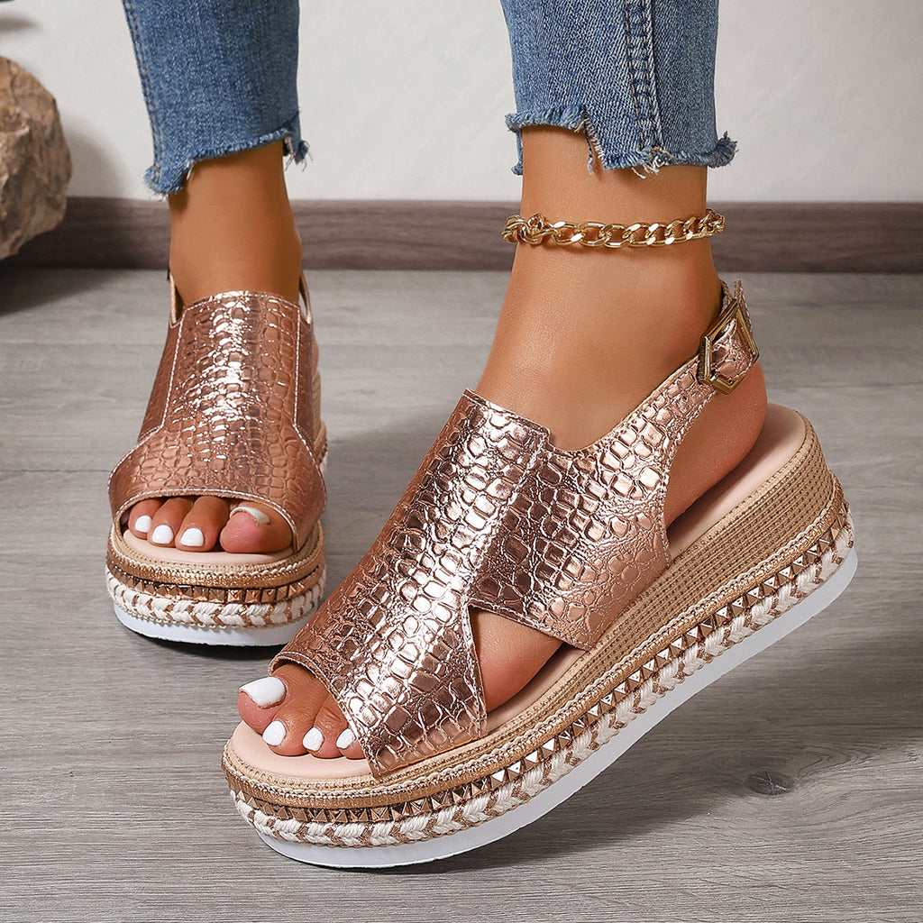 Round Toe Hollow-out Buckle Muffin Roman Shoes