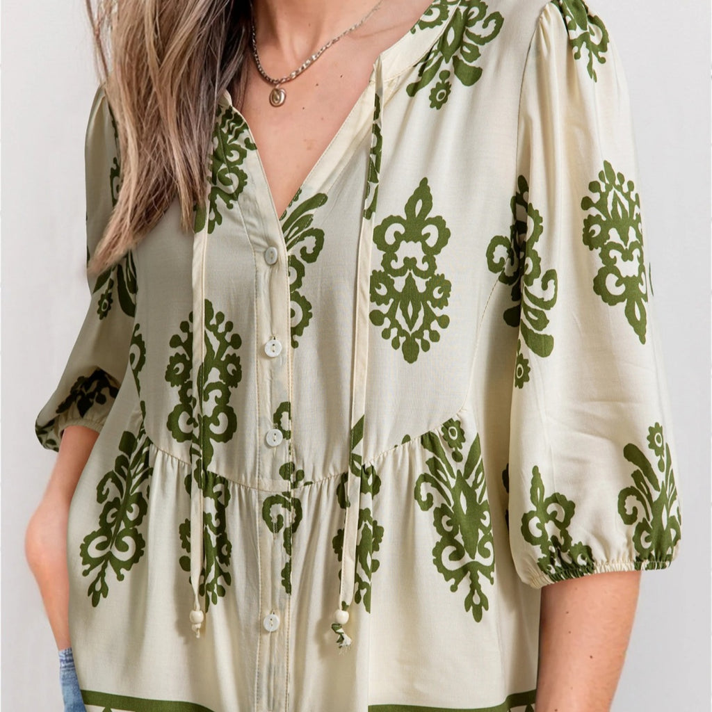 Apricot Floral Print Tie V Neck Button Down Puffy Half Sleeve Shirt