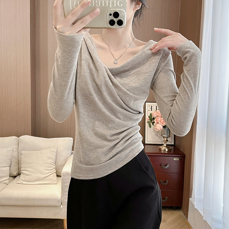 Fleece-lined Extra-thick Winter Sheer-look Long-sleeve Asymmetrical Off-shoulder T-shirt