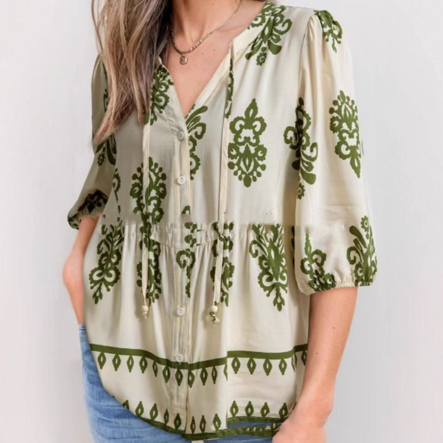 Apricot Floral Print Tie V Neck Button Down Puffy Half Sleeve Shirt