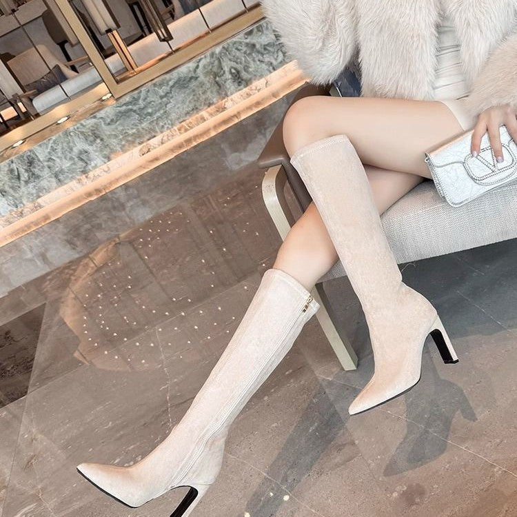 Knee-high Suede Pointed-toe Stretchy Figure-flattering Boots