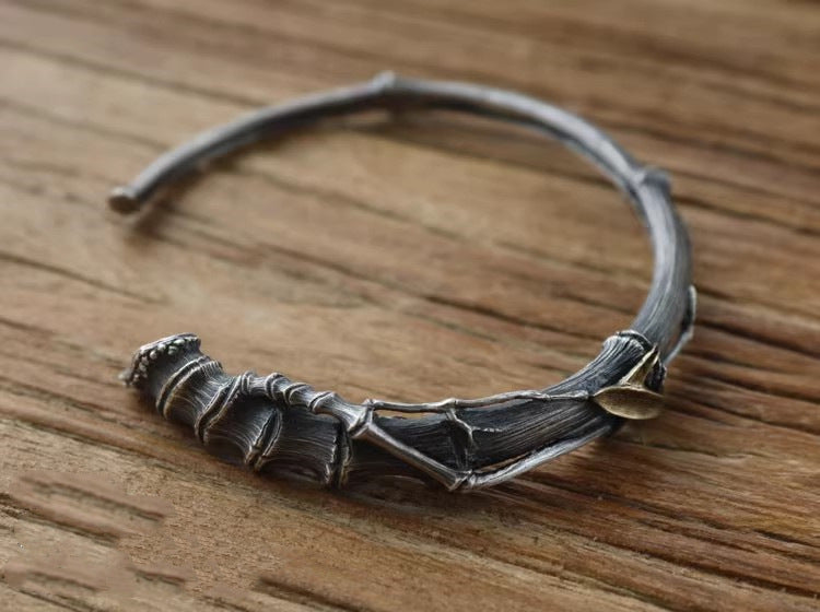 Shique Jewelry Handmade Men's Vintage Silver Aged Brass Inlaid Bamboo Joint Open Bracelet