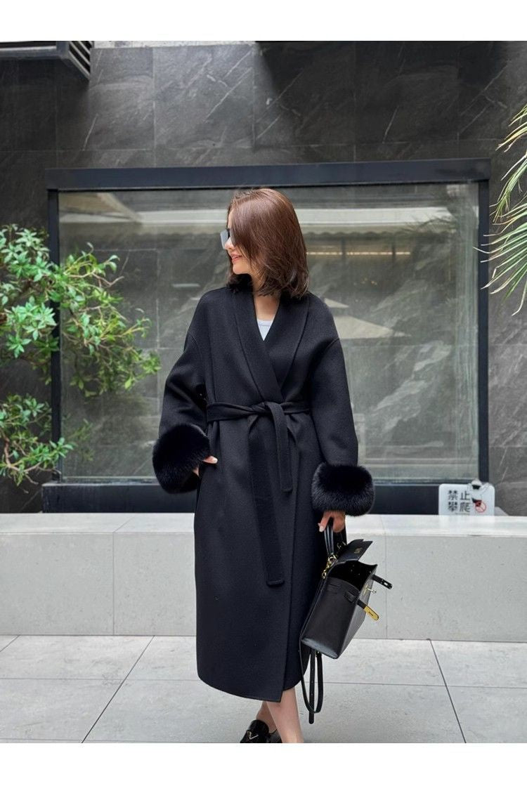 Wool Coat For Women Mid-length Black With Fox-fur Cuffs