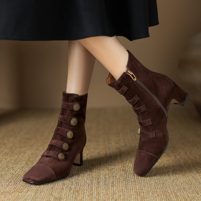 Retro High-heeled Ankle Boots For Women New Autumn Style Suede Round Toe Side Zipper Chunky Heel