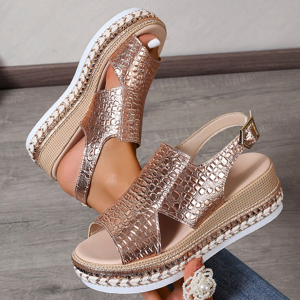 Round Toe Hollow-out Buckle Muffin Roman Shoes