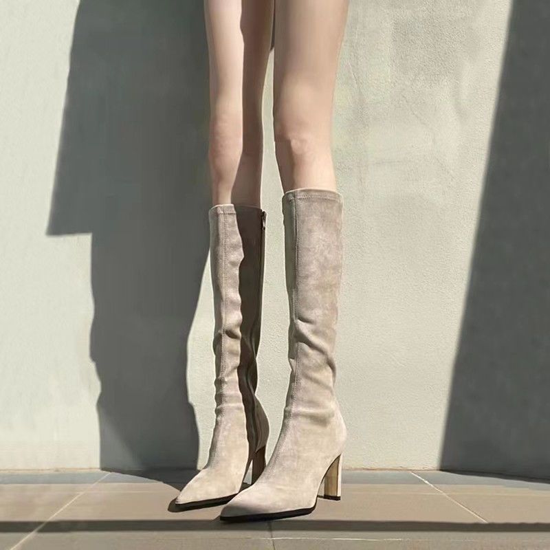 Knee-high Suede Pointed-toe Stretchy Figure-flattering Boots