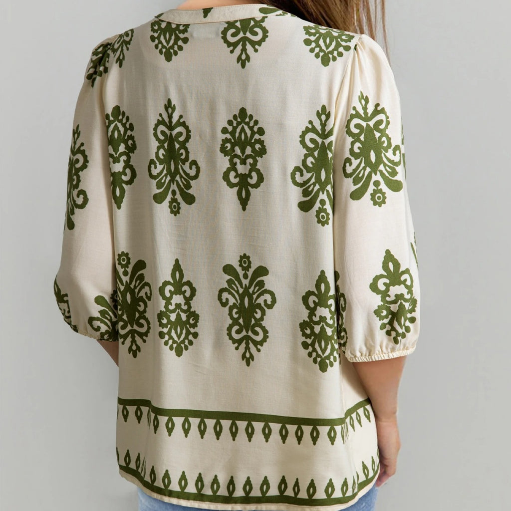 Apricot Floral Print Tie V Neck Button Down Puffy Half Sleeve Shirt