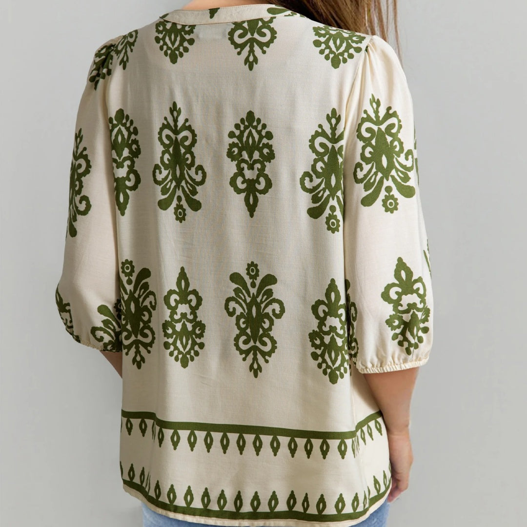 Apricot Floral Print Tie V Neck Button Down Puffy Half Sleeve Shirt