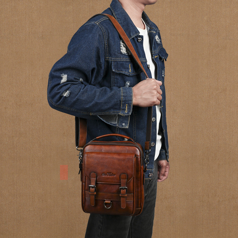 Genuine Leather Retro Hand-rubbed Top-grain Cowhide Men's Shoulder Bag Crossbody Commuter Bag