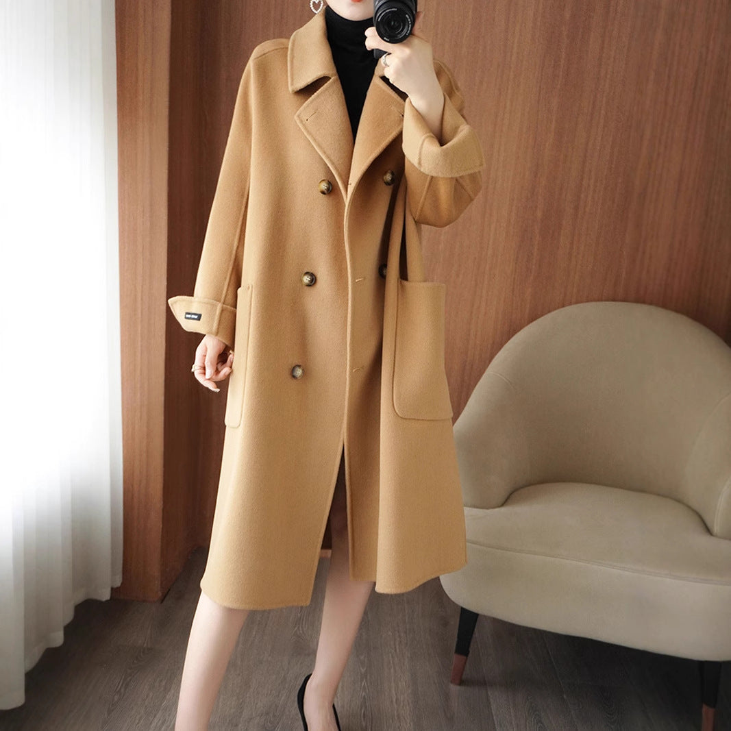 Long Below-the-Knee Double-Breasted Wool Coat In Korean Style
