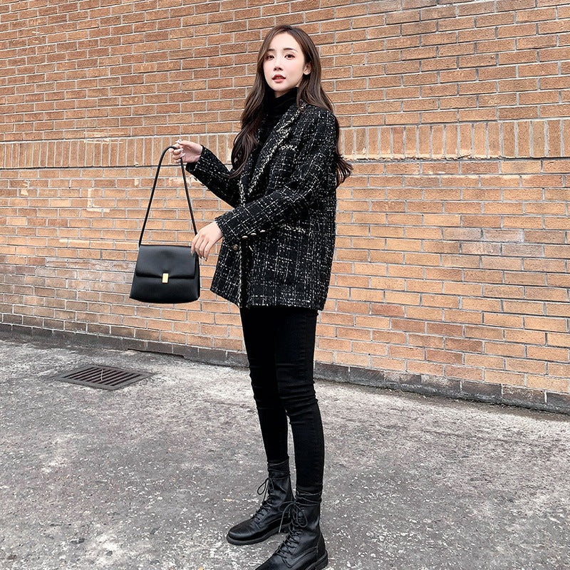 Womens Loose Fit Plaid Wool Coat