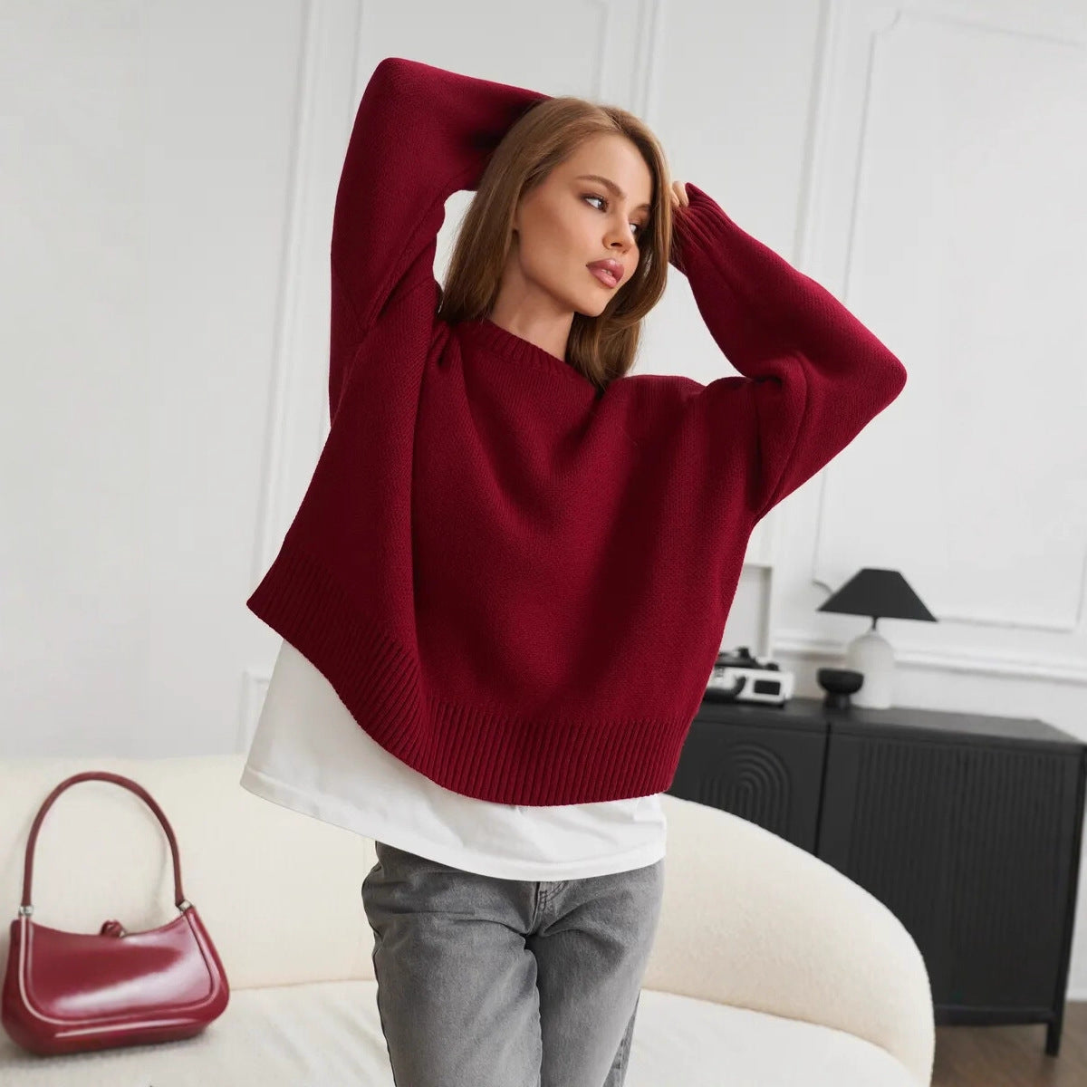 Relaxed Laid-back Short Knit Long-sleeve Crewneck Pullover