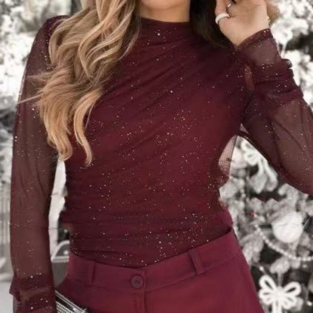 Womens Casual Slim-Fit Top With Mesh Sleeves And A Crew Neck