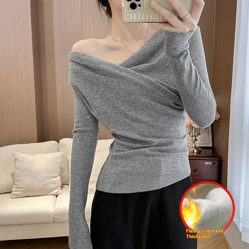 Fleece-lined Extra-thick Winter Sheer-look Long-sleeve Asymmetrical Off-shoulder T-shirt