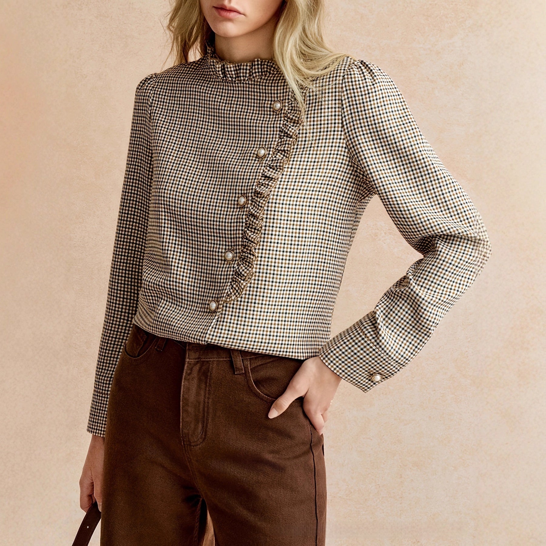 Houndstooth Ruffled Small Stand-up Collar Side-button-front Shirt