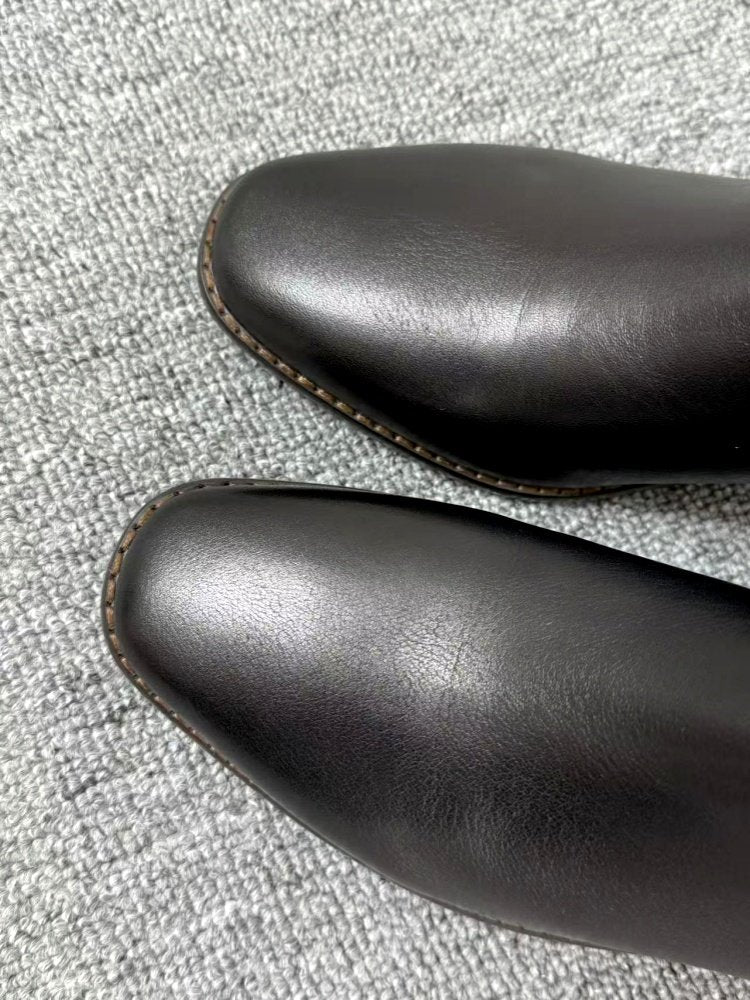 Mid-heel Chunky-heel Retro Square-toe Matte Leather Womens Boots