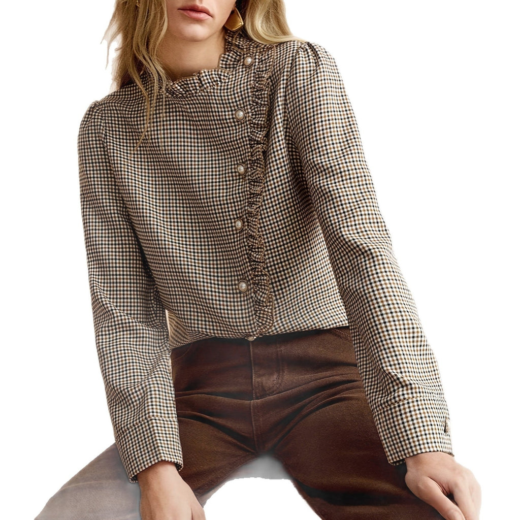 Houndstooth Ruffled Small Stand-up Collar Side-button-front Shirt