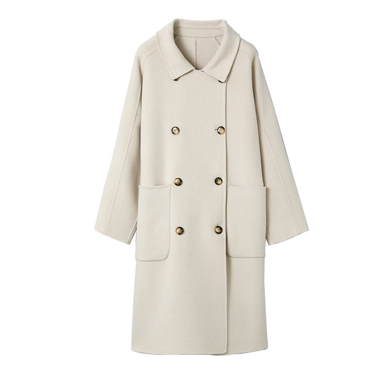 Long Below-the-Knee Double-Breasted Wool Coat In Korean Style