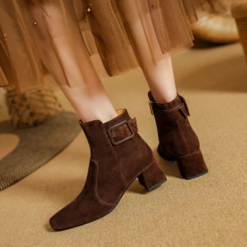 Retro-style Leather Belt Buckle Versatile Square-toe Chunky-heel Ankle Boots