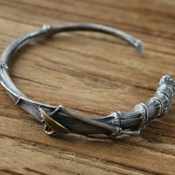 Shique Jewelry Handmade Men's Vintage Silver Aged Brass Inlaid Bamboo Joint Open Bracelet